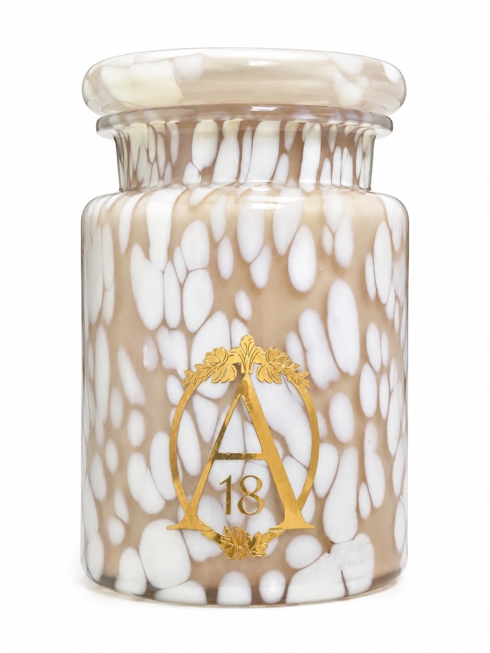 Decorative Beige and White Speckled Glass Canister with Gold Monogram
